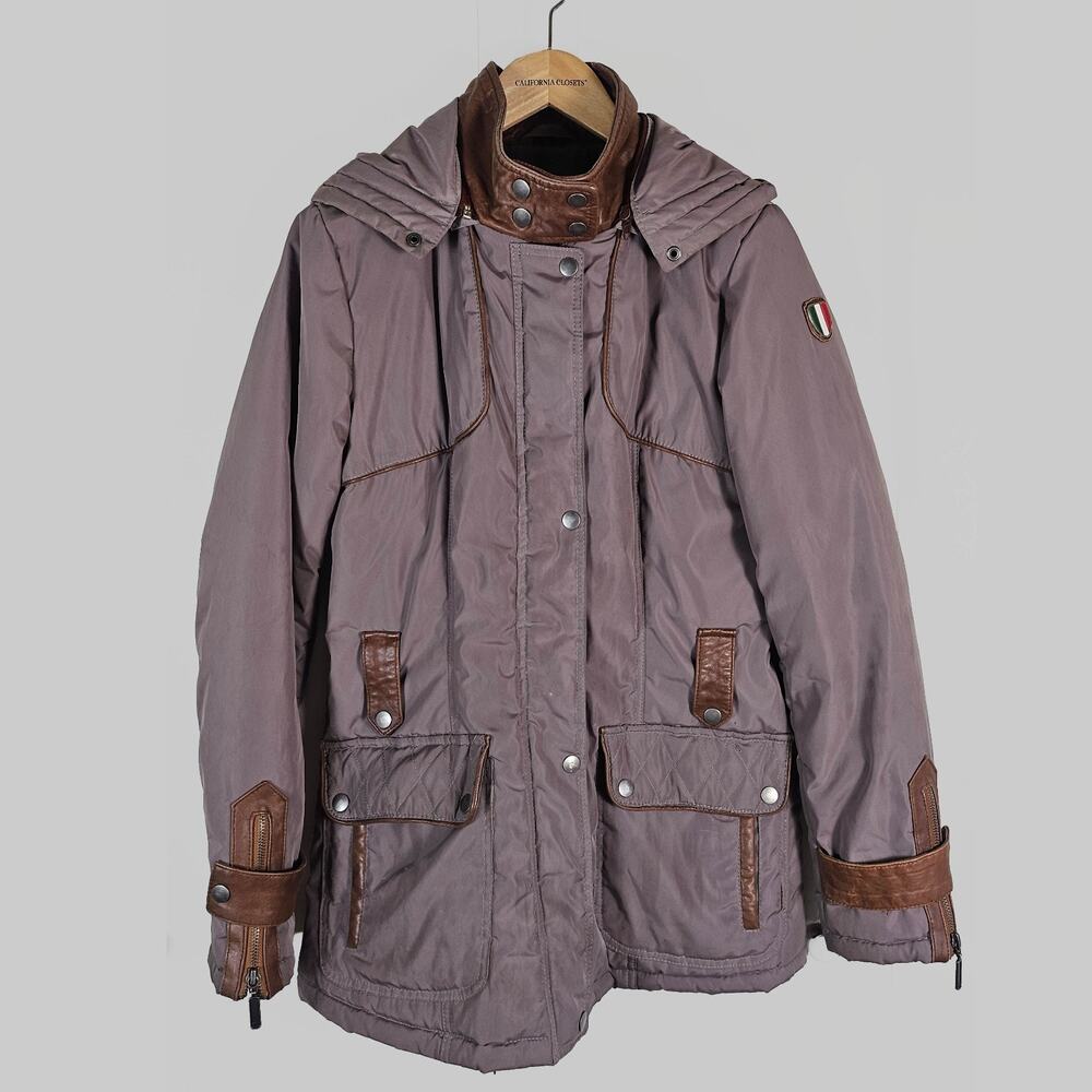 XL Superior Brown Hooded Button Zip Quilted Jacket Removable Hood, Faux Leather